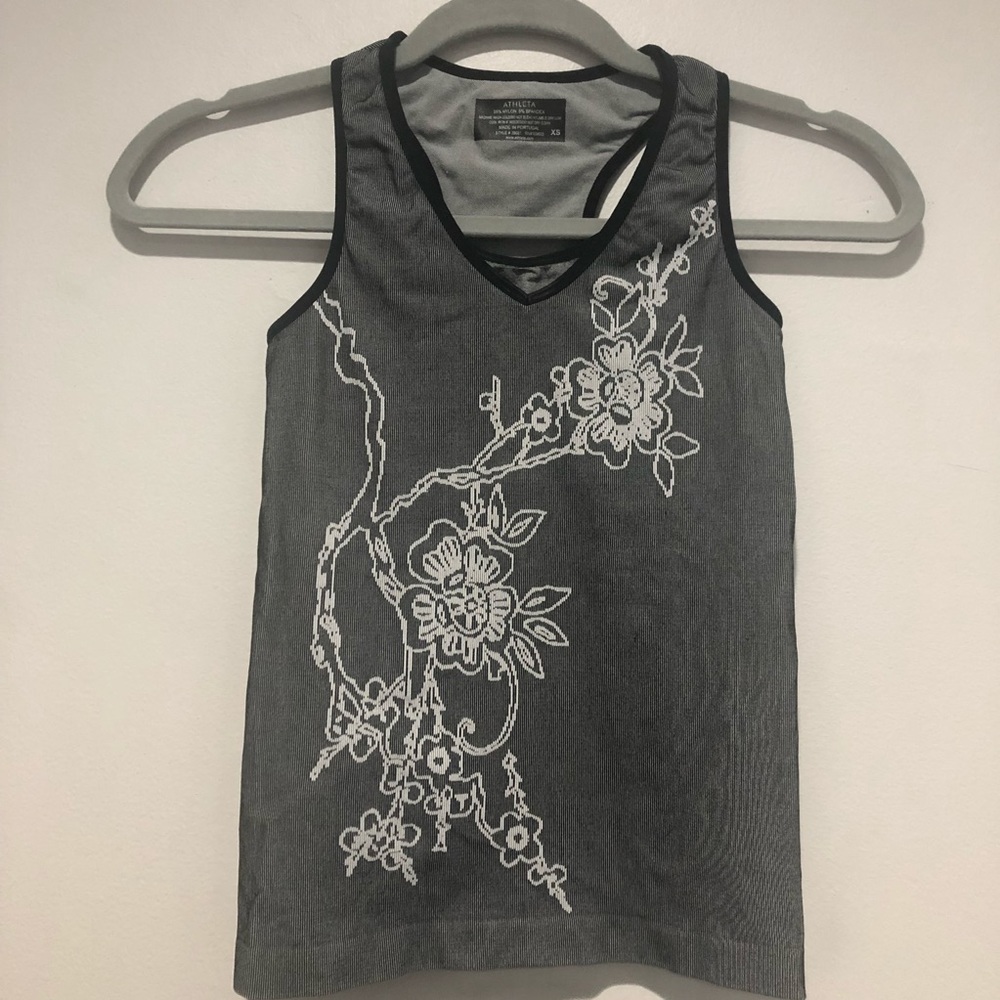 Athleta Ribbed V Neck Floral Racerback Black Grey White Built in Bra Size XS